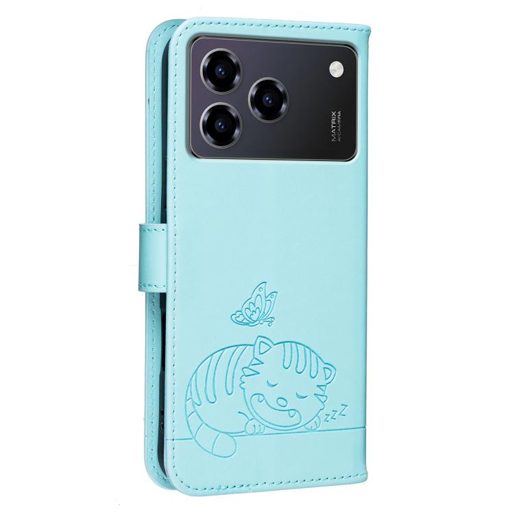 For ZTE Blade A76 4G Cat Butterfly Embossed RFID Vegan Leather Phone Case with Strap