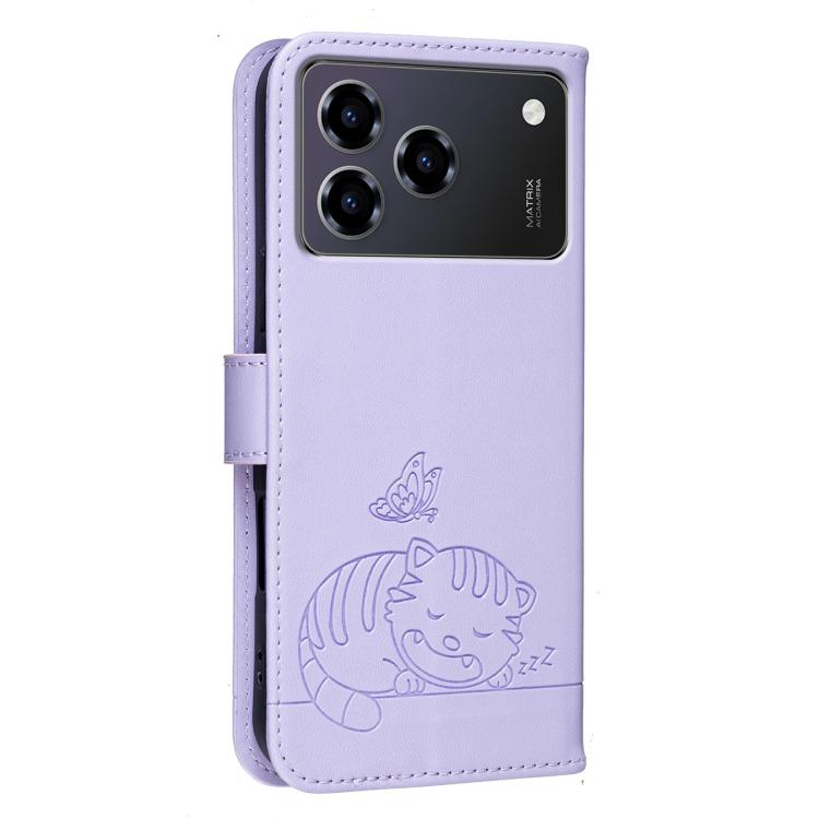 For ZTE Blade A76 4G Cat Butterfly Embossed RFID Vegan Leather Phone Case with Strap