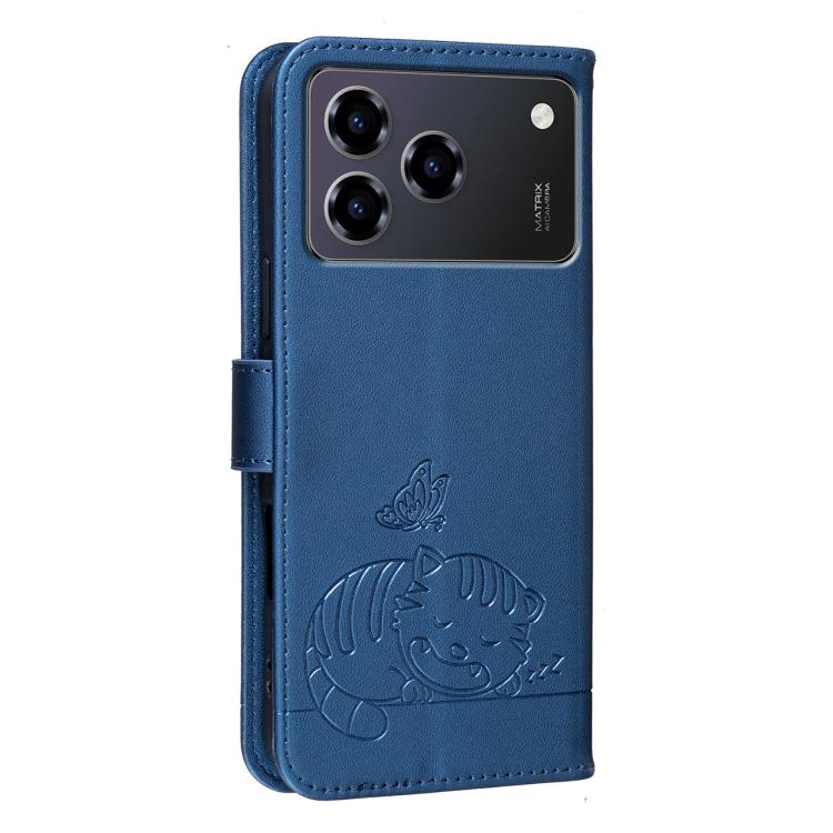 For ZTE Blade A76 4G Cat Butterfly Embossed RFID Vegan Leather Phone Case with Strap
