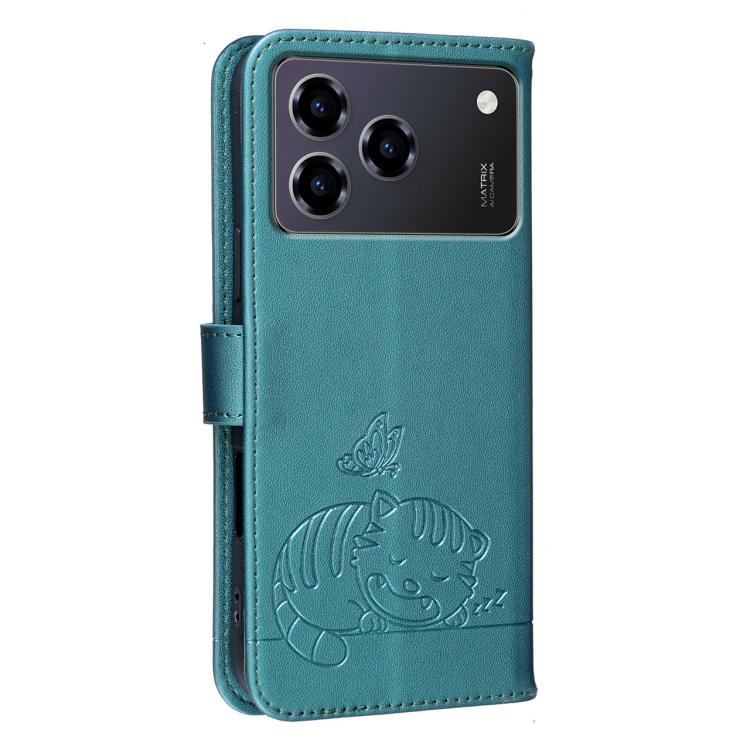 For ZTE Blade A76 4G Cat Butterfly Embossed RFID Vegan Leather Phone Case with Strap