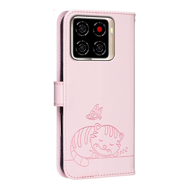 For ZTE Blade A56 Pro Cat Butterfly Embossed RFID Vegan Leather Phone Case with Strap