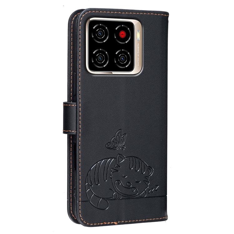 For ZTE Blade A56 Pro Cat Butterfly Embossed RFID Vegan Leather Phone Case with Strap