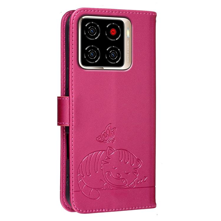 For ZTE Blade A56 Pro Cat Butterfly Embossed RFID Vegan Leather Phone Case with Strap