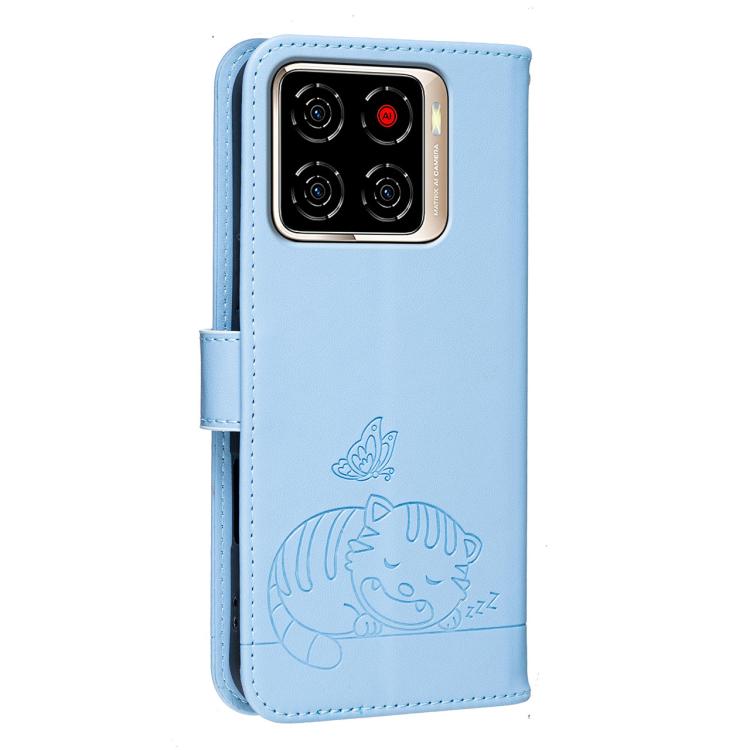 For ZTE Blade A56 Pro Cat Butterfly Embossed RFID Vegan Leather Phone Case with Strap