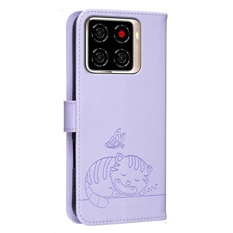 For ZTE Blade A56 Pro Cat Butterfly Embossed RFID Vegan Leather Phone Case with Strap