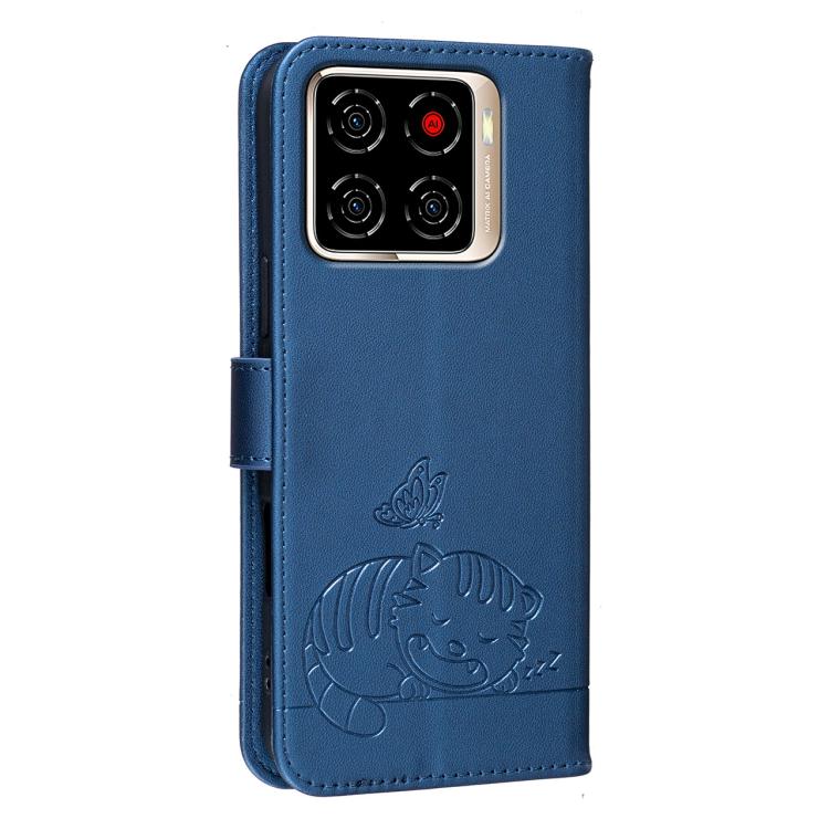 For ZTE Blade A56 Pro Cat Butterfly Embossed RFID Vegan Leather Phone Case with Strap