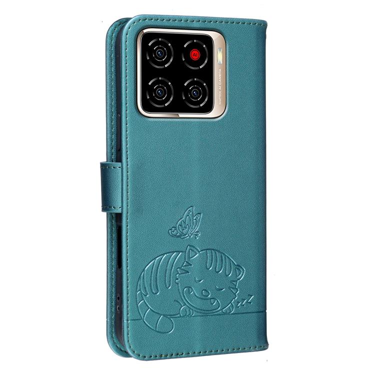 For ZTE Blade A56 Pro Cat Butterfly Embossed RFID Vegan Leather Phone Case with Strap
