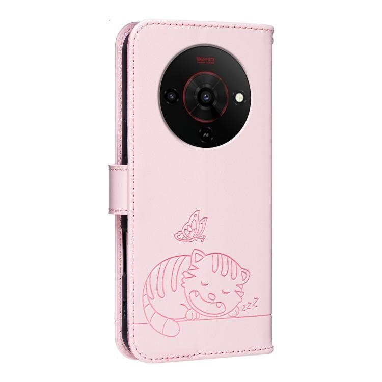 For ZTE Blade A76 5G Cat Butterfly Embossed RFID Vegan Leather Phone Case with Strap