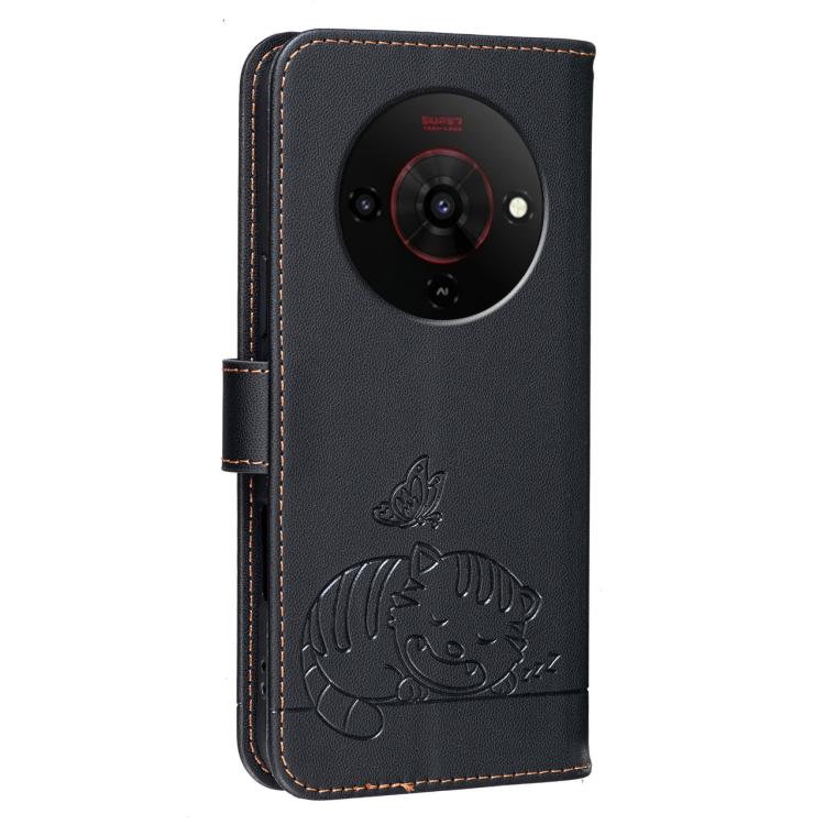 For ZTE Blade A76 5G Cat Butterfly Embossed RFID Vegan Leather Phone Case with Strap