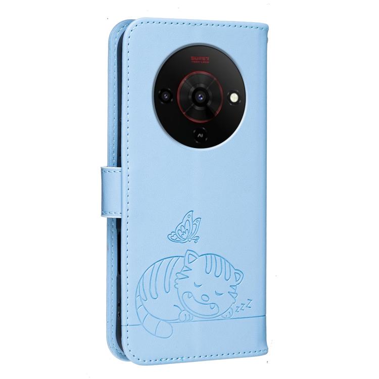 For ZTE Blade A76 5G Cat Butterfly Embossed RFID Vegan Leather Phone Case with Strap