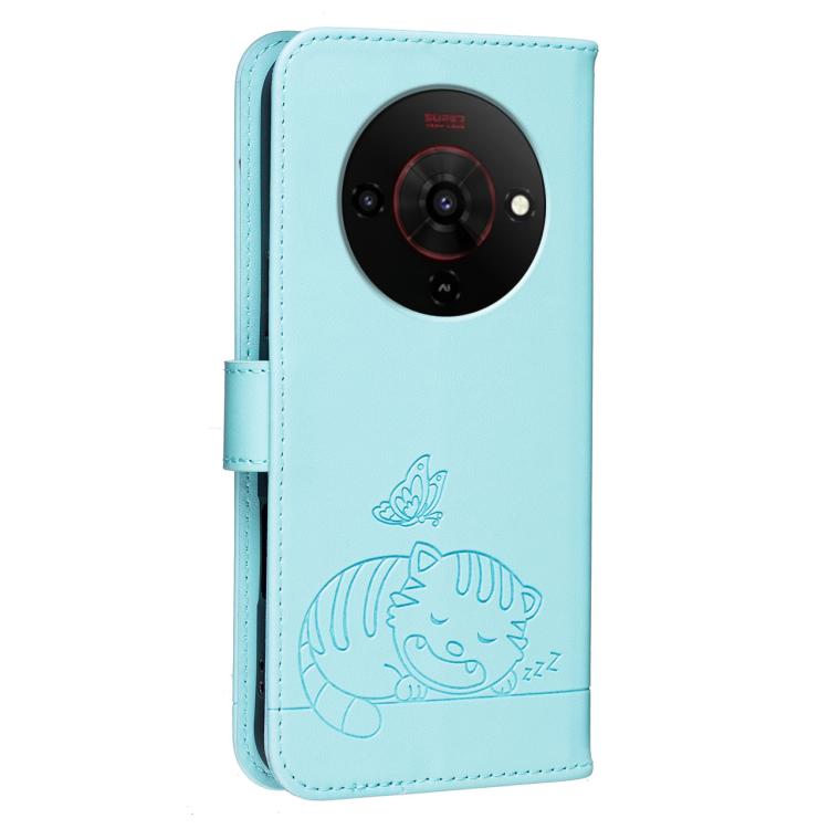 For ZTE Blade A76 5G Cat Butterfly Embossed RFID Vegan Leather Phone Case with Strap