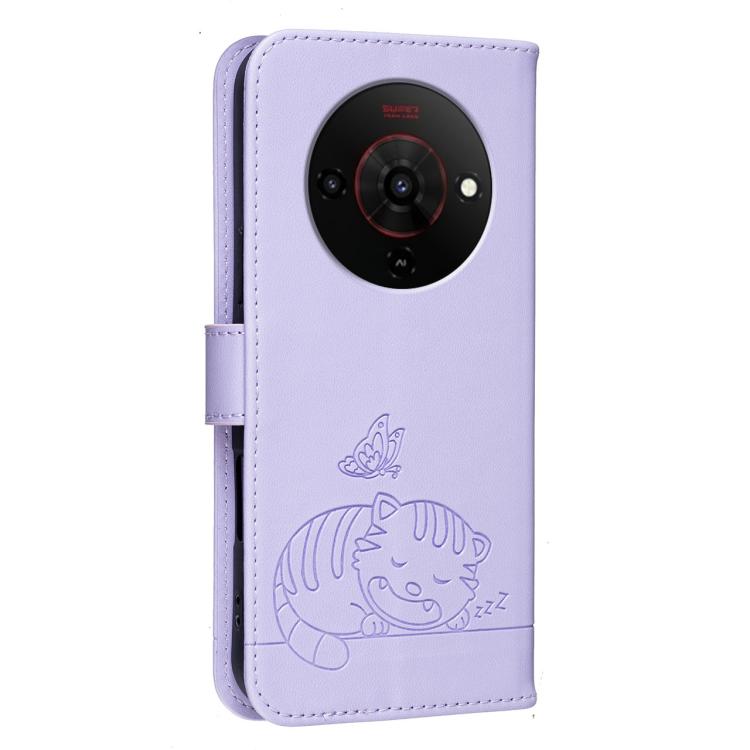 For ZTE Blade A76 5G Cat Butterfly Embossed RFID Vegan Leather Phone Case with Strap