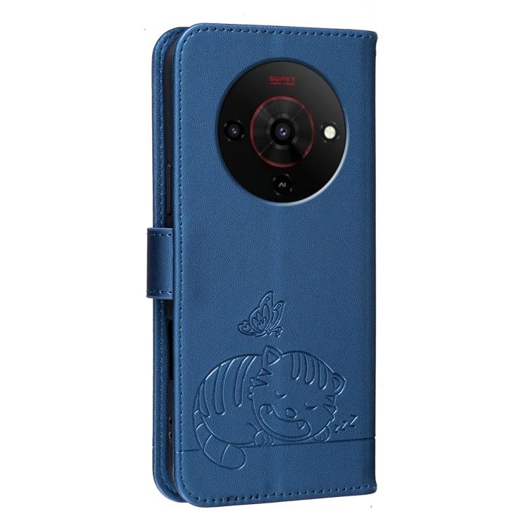 For ZTE Blade A76 5G Cat Butterfly Embossed RFID Vegan Leather Phone Case with Strap