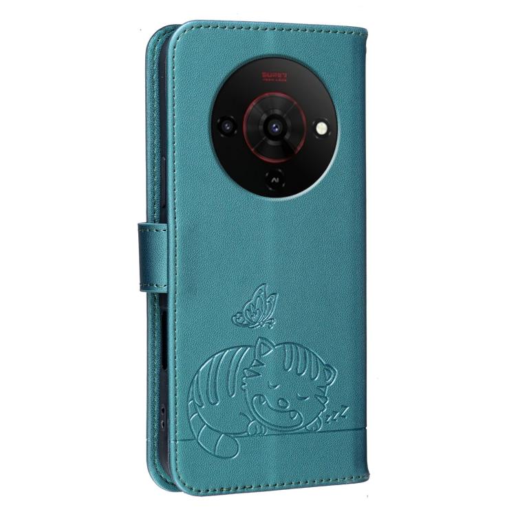 For ZTE Blade A76 5G Cat Butterfly Embossed RFID Vegan Leather Phone Case with Strap