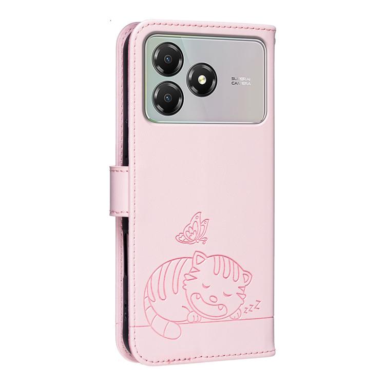 For ZTE Blade A36 4G Cat Butterfly Embossed RFID Vegan Leather Phone Case with Strap