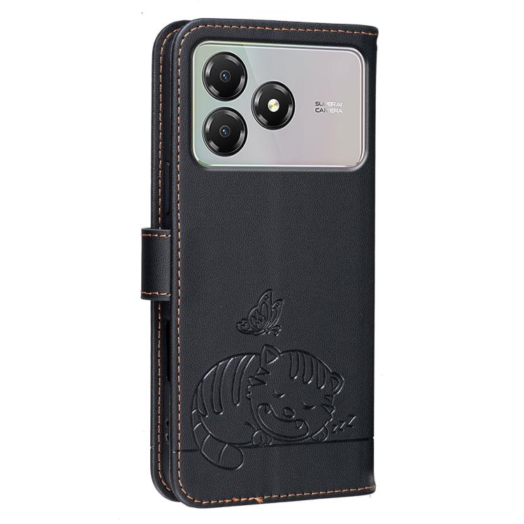 For ZTE Blade A36 4G Cat Butterfly Embossed RFID Vegan Leather Phone Case with Strap