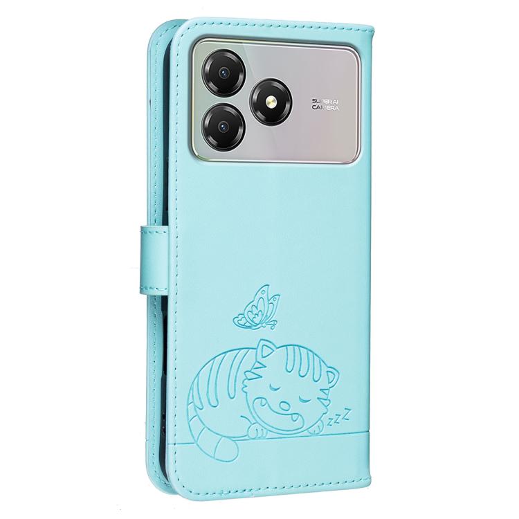 For ZTE Blade A36 4G Cat Butterfly Embossed RFID Vegan Leather Phone Case with Strap