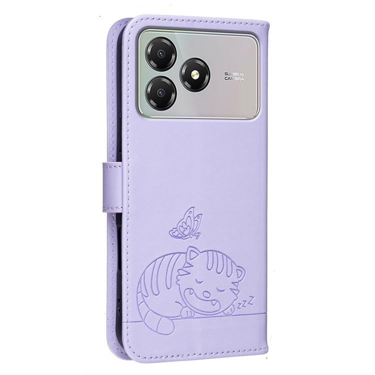 For ZTE Blade A36 4G Cat Butterfly Embossed RFID Vegan Leather Phone Case with Strap