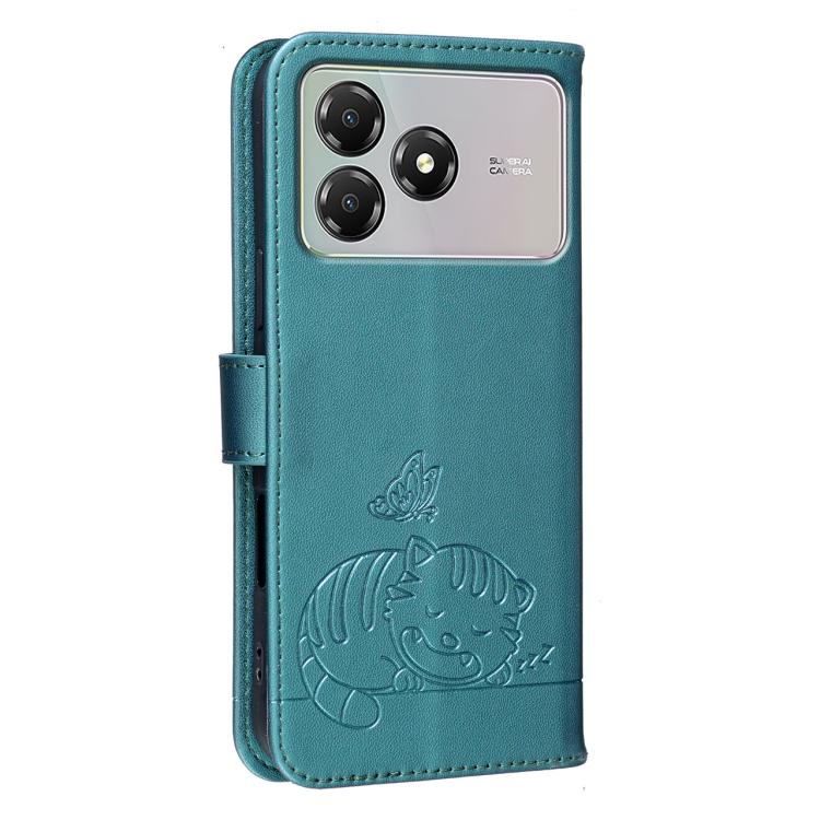For ZTE Blade A36 4G Cat Butterfly Embossed RFID Vegan Leather Phone Case with Strap
