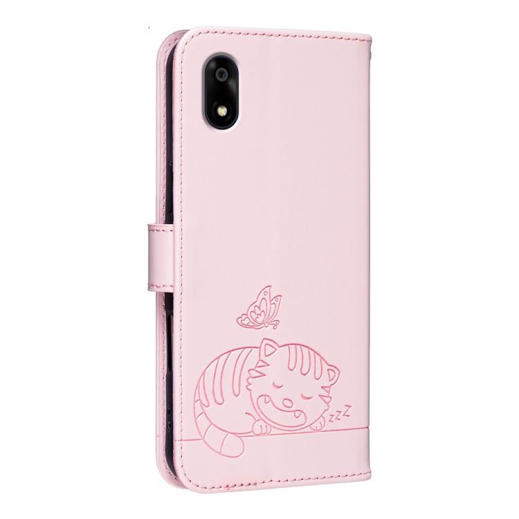For ZTE Kantan Sumaho A402ZT Cat Butterfly Embossed RFID Vegan Leather Phone Case with Strap