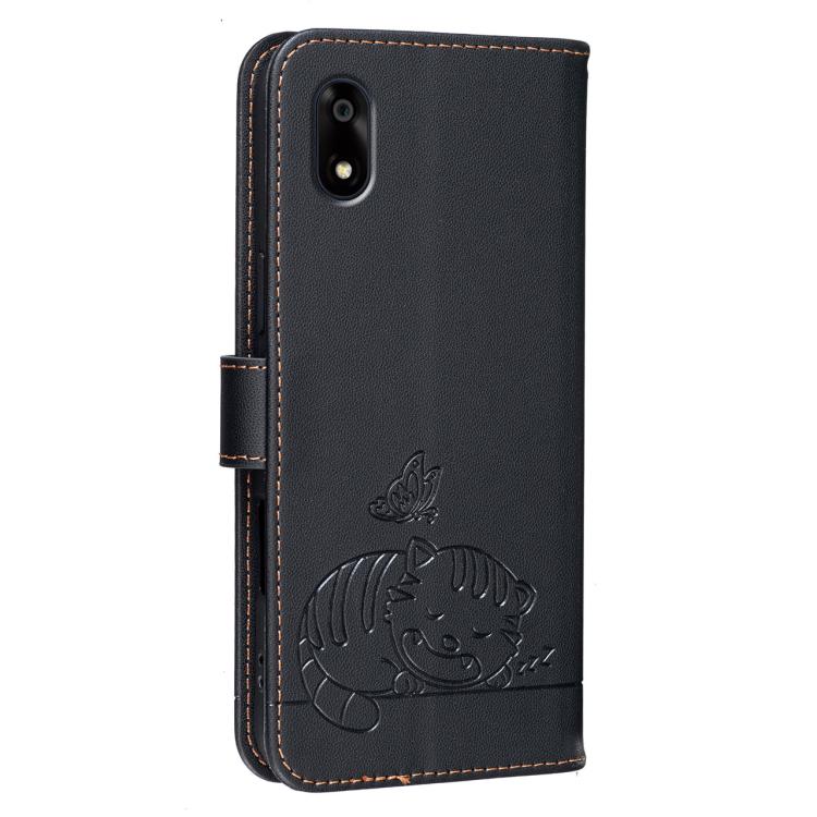 For ZTE Kantan Sumaho A402ZT Cat Butterfly Embossed RFID Vegan Leather Phone Case with Strap