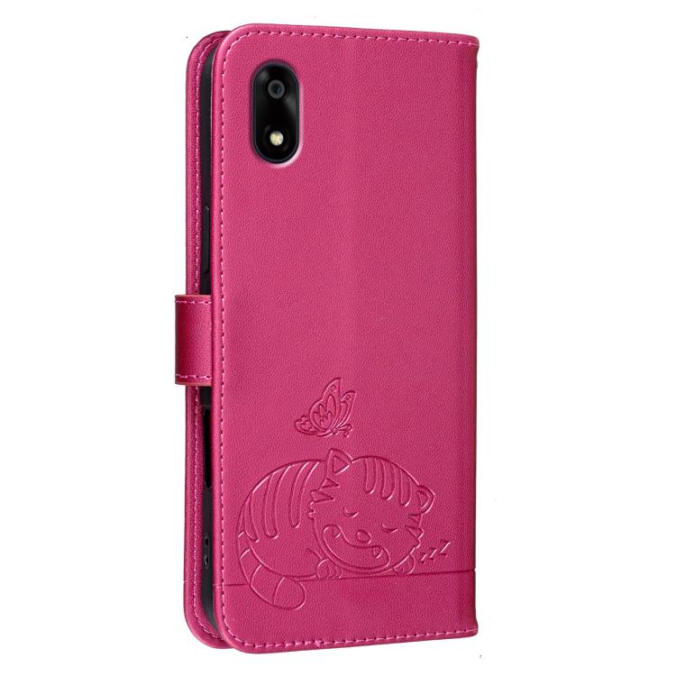 For ZTE Kantan Sumaho A402ZT Cat Butterfly Embossed RFID Vegan Leather Phone Case with Strap