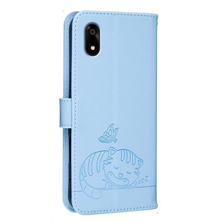 For ZTE Kantan Sumaho A402ZT Cat Butterfly Embossed RFID Vegan Leather Phone Case with Strap