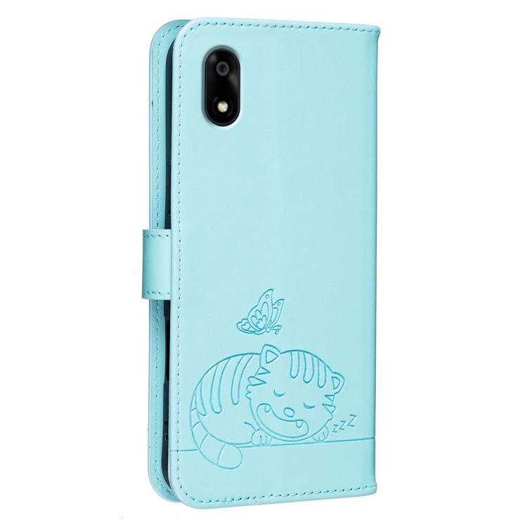 For ZTE Kantan Sumaho A402ZT Cat Butterfly Embossed RFID Vegan Leather Phone Case with Strap