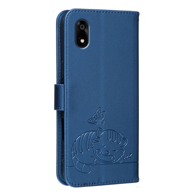 For ZTE Kantan Sumaho A402ZT Cat Butterfly Embossed RFID Vegan Leather Phone Case with Strap