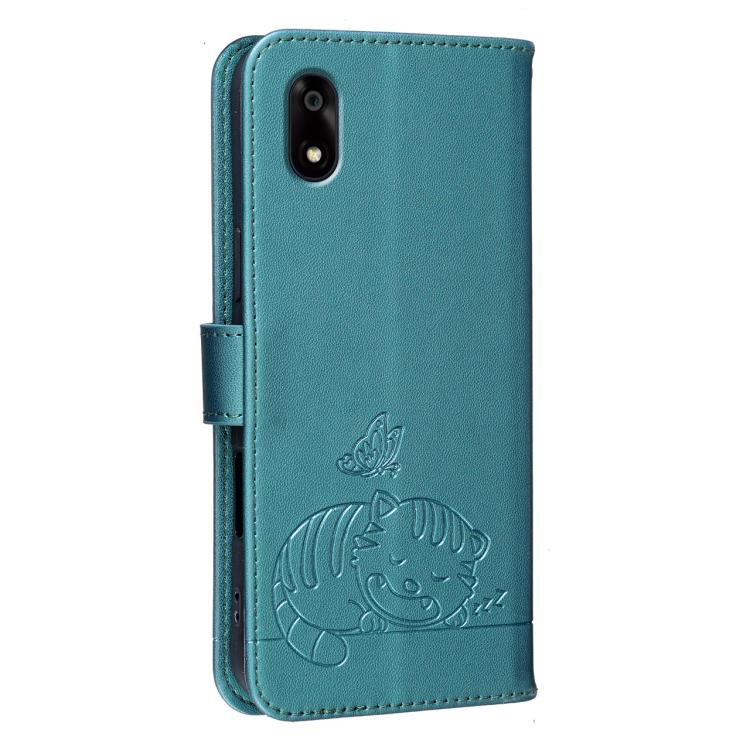 For ZTE Kantan Sumaho A402ZT Cat Butterfly Embossed RFID Vegan Leather Phone Case with Strap
