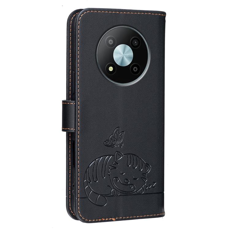 For ZTE Voyage 41 5G Cat Butterfly Embossed RFID Vegan Leather Phone Case with Strap