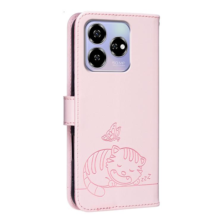 For ZTE Blade V60 Cat Butterfly Embossed RFID Vegan Leather Phone Case with Strap