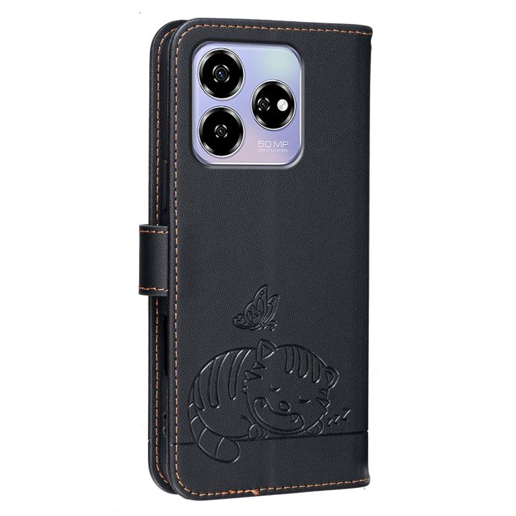 For ZTE Blade V60 Cat Butterfly Embossed RFID Vegan Leather Phone Case with Strap
