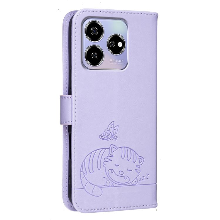 For ZTE Blade V60 Cat Butterfly Embossed RFID Vegan Leather Phone Case with Strap