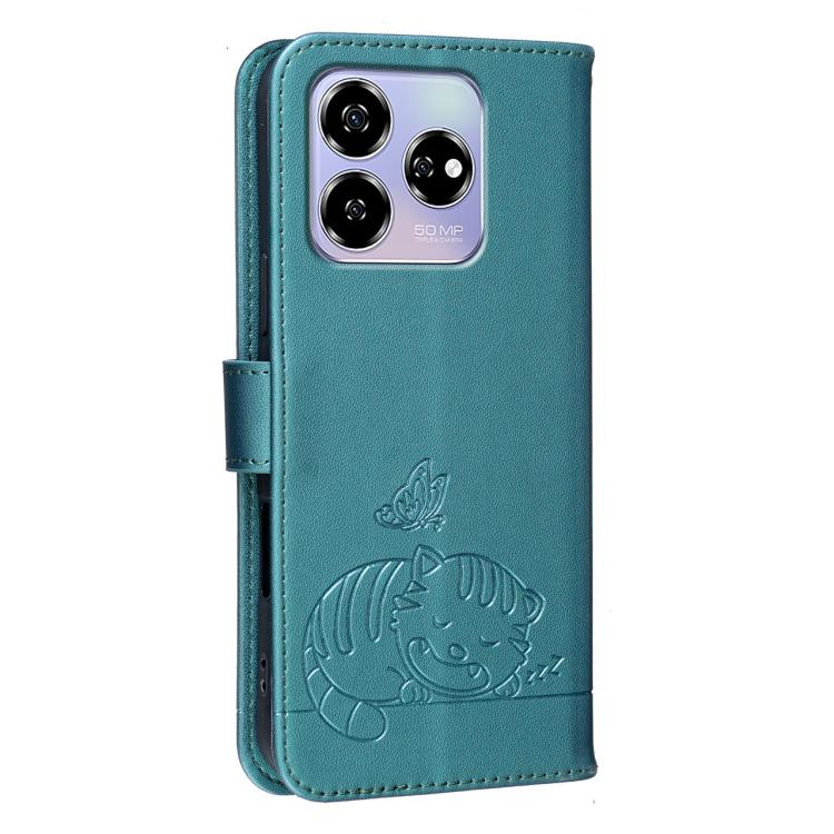 For ZTE Blade V60 Cat Butterfly Embossed RFID Vegan Leather Phone Case with Strap
