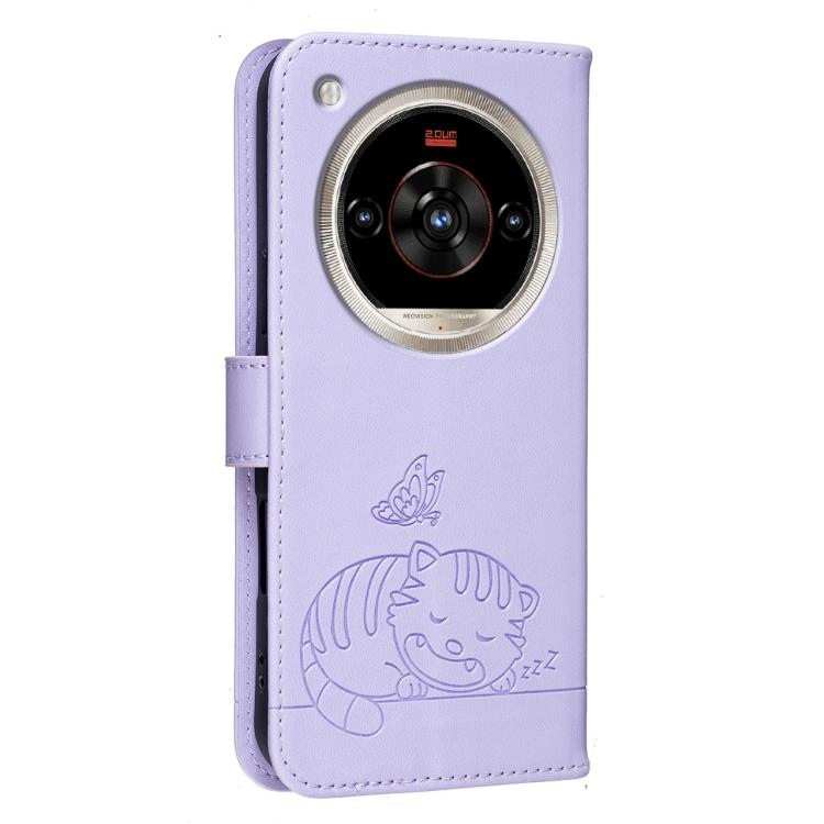 For ZTE nubia Focus 2 Ultra 5G Cat Butterfly Embossed RFID Vegan Leather Phone Case with Strap