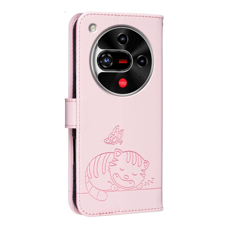 For ZTE nubia Focus 2 5G Cat Butterfly Embossed RFID Vegan Leather Phone Case with Strap