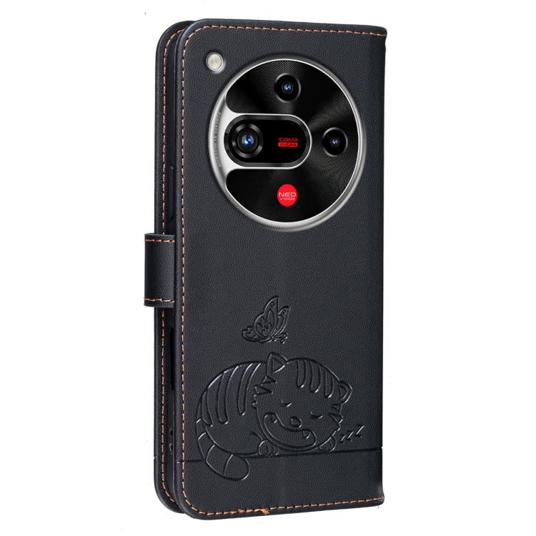 For ZTE nubia Focus 2 5G Cat Butterfly Embossed RFID Vegan Leather Phone Case with Strap