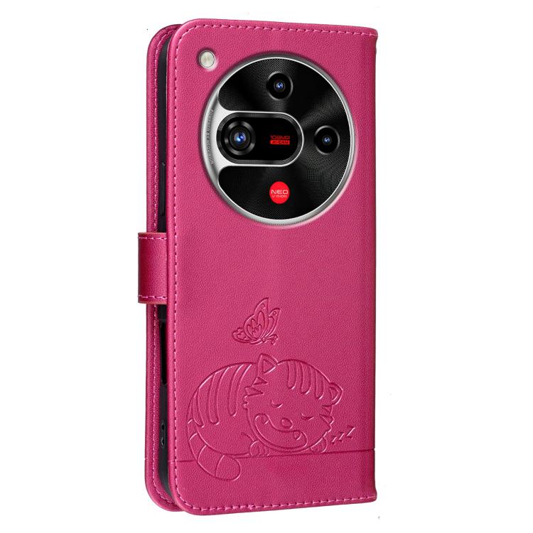 For ZTE nubia Focus 2 5G Cat Butterfly Embossed RFID Vegan Leather Phone Case with Strap