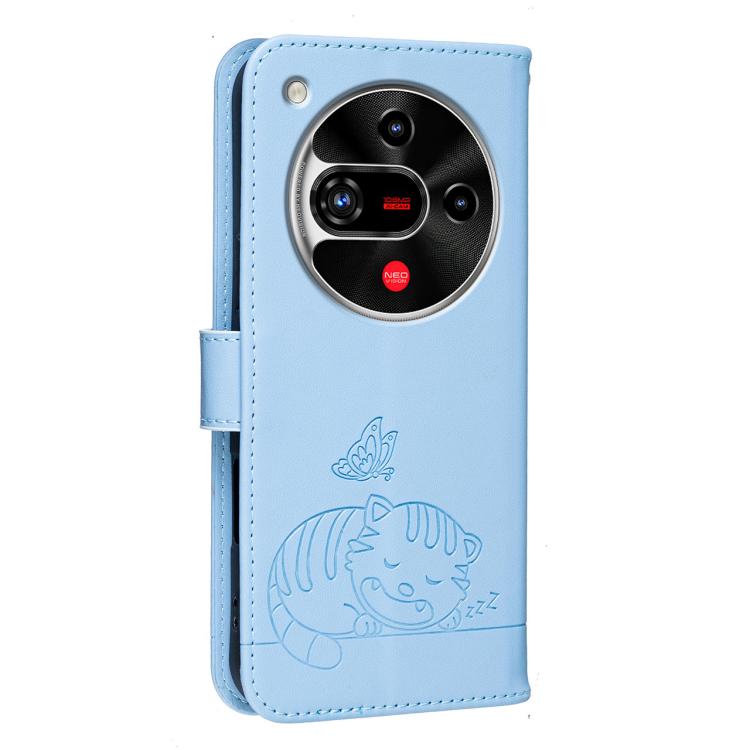 For ZTE nubia Focus 2 5G Cat Butterfly Embossed RFID Vegan Leather Phone Case with Strap