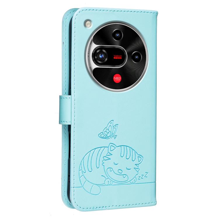 For ZTE nubia Focus 2 5G Cat Butterfly Embossed RFID Vegan Leather Phone Case with Strap