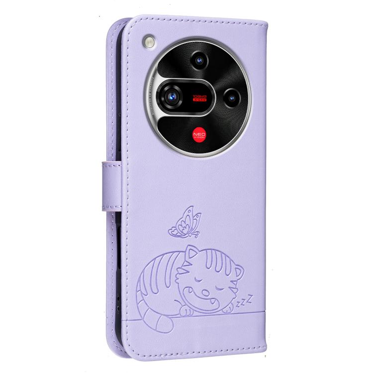 For ZTE nubia Focus 2 5G Cat Butterfly Embossed RFID Vegan Leather Phone Case with Strap
