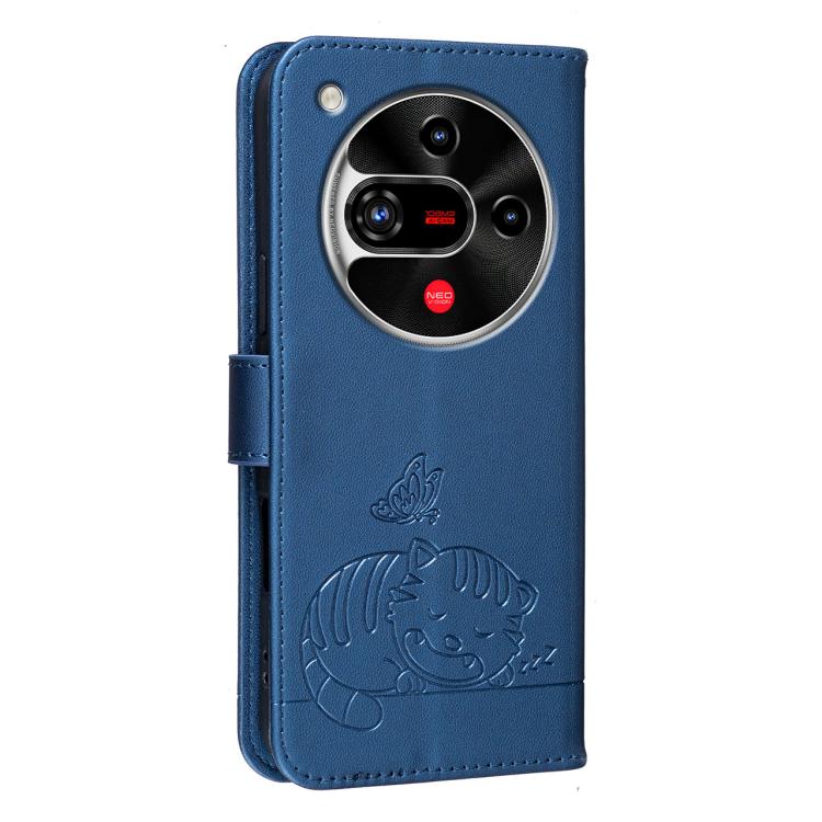 For ZTE nubia Focus 2 5G Cat Butterfly Embossed RFID Vegan Leather Phone Case with Strap