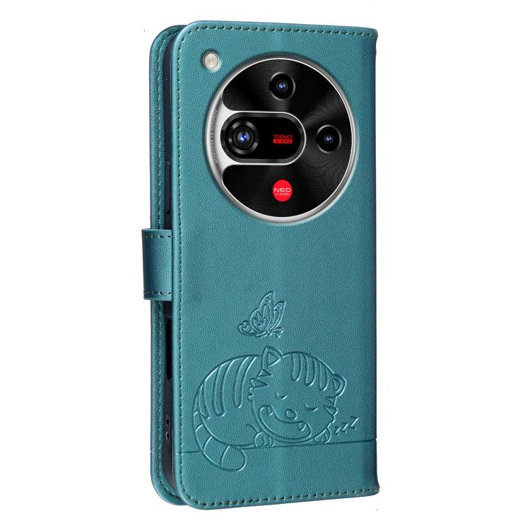 For ZTE nubia Focus 2 5G Cat Butterfly Embossed RFID Vegan Leather Phone Case with Strap