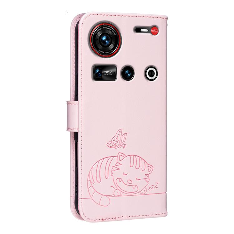 For ZTE nubia Z70 Ultra Cat Butterfly Embossed RFID Vegan Leather Phone Case with Strap