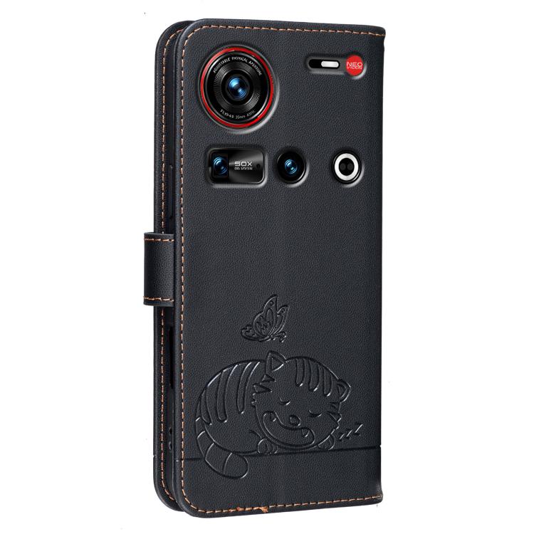 For ZTE nubia Z70 Ultra Cat Butterfly Embossed RFID Vegan Leather Phone Case with Strap