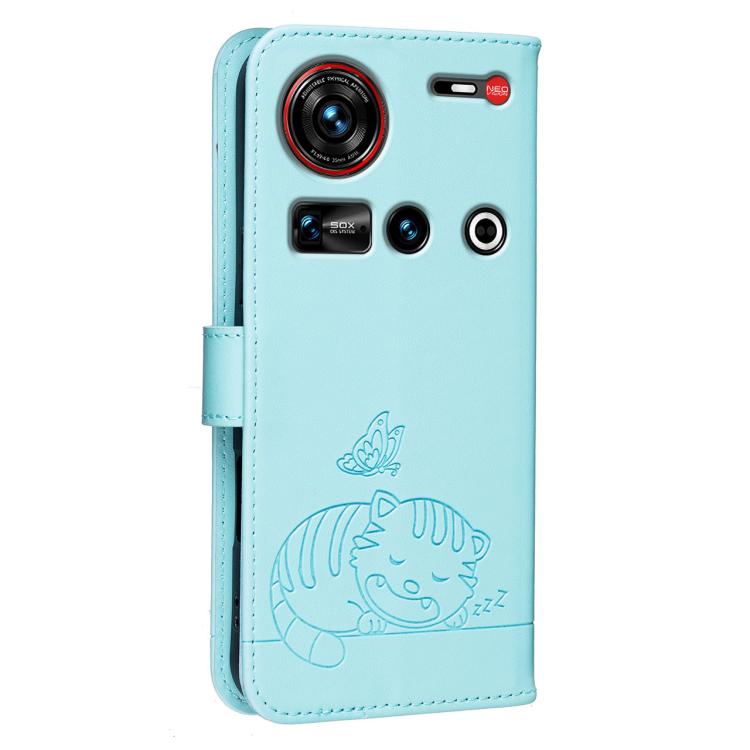 For ZTE nubia Z70 Ultra Cat Butterfly Embossed RFID Vegan Leather Phone Case with Strap