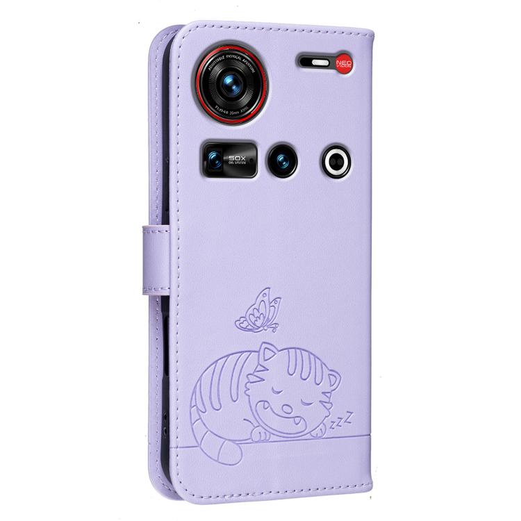 For ZTE nubia Z70 Ultra Cat Butterfly Embossed RFID Vegan Leather Phone Case with Strap