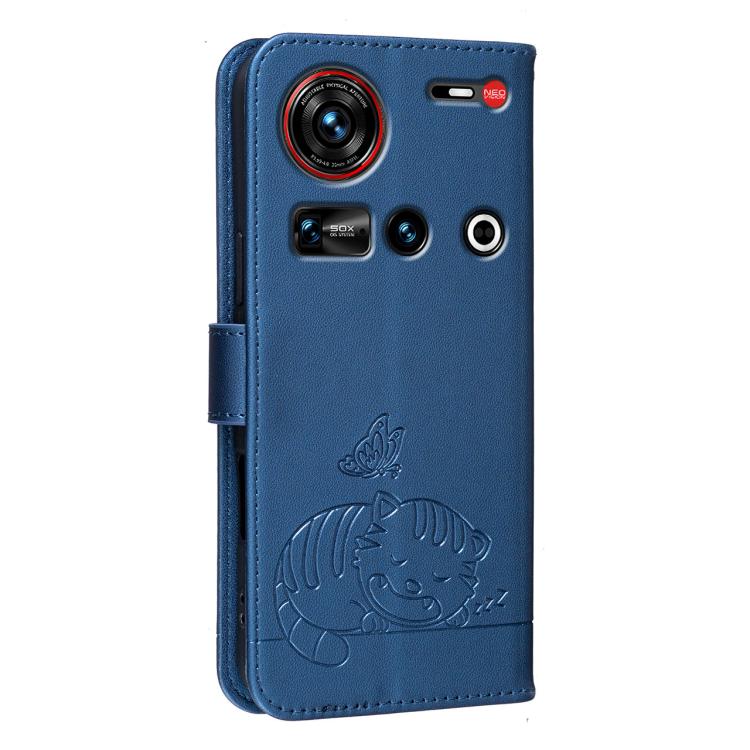 For ZTE nubia Z70 Ultra Cat Butterfly Embossed RFID Vegan Leather Phone Case with Strap