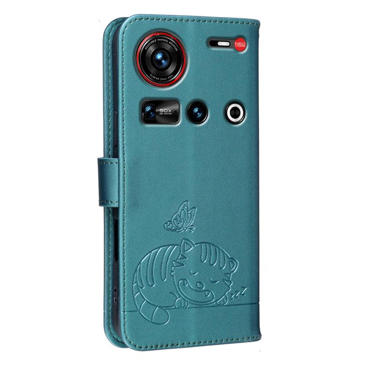 For ZTE nubia Z70 Ultra Cat Butterfly Embossed RFID Vegan Leather Phone Case with Strap